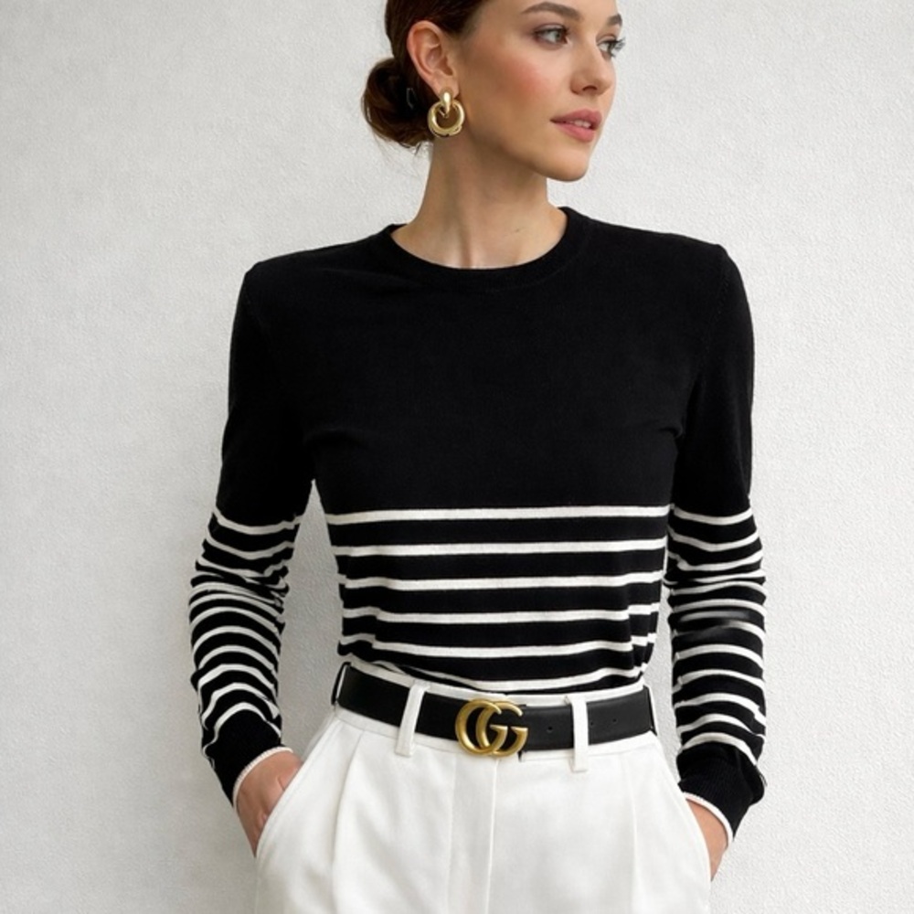Black & White Striped Crewneck Sweater by Gucci Belt Styled